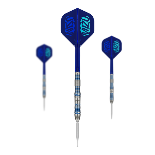 Gezeigt werden die Target Japan Mizu Series 02 Swiss Point Steeldarts. Diese Steeldarts sind Teil der japanischen Mizu Serie von Target.