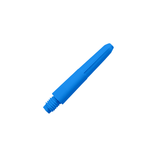 572_Nylon_Shafts_Blau_28mm_2 Das Bild zeigt einen blauen Nylon-Schaft. Er hat ein Gewinde an einem Ende und ist glatt und länglich geformt.