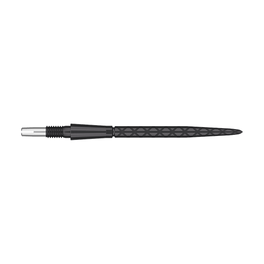 Target Swiss Storm Diamond Point Dart Tips - Black Das Bild zeigt eine schwarze Dartspitze mit einer feinen, rautenförmigen Gravur. Die Spitze ist lang und schmal, mit silbernen und schwarzen Elementen.