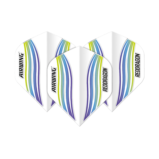 Red Dragon Airwing Blue Wave Standard Flights Das Bild zeigt drei Dart-Flights des Produkts "Red Dragon Airwing Blue Wave Standard Flights". Die Flights sind weiß mit blauen, grünen und gelben Wellenlinien und tragen die Aufschrift "AIRWING" und "RED DRAGON".