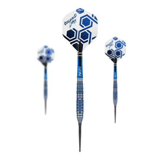 Das Bild zeigt ein Set der Red Dragon Luke Humphries TX5 Steeldarts. Die Steeldarts sind zusammen als Set dargestellt.