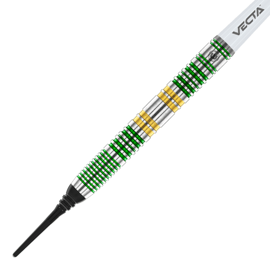 Winmau Xenon Softdarts - 20g Das Bild zeigt einen Winmau Xenon Softdart mit einem Gewicht von 20 Gramm. Der Dartpfeil hat silberne, grüne und goldene Ringe und eine schwarze Spitze.