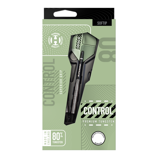 Harrows Control Parallel Softdarts Das Bild zeigt die Verpackung der "Harrows Control Parallel Softdarts" mit dem Dartpfeil gut sichtbar. Auf der Verpackung steht, dass der Dart aus 80% Tungsten besteht und für einen überlegenen Griff sorgt.