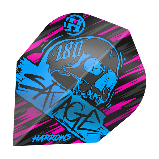 Harrow's Savage Aqua Pink No6 Flights Das Bild zeigt das Produkt "Harrows Savage Aqua Pink No6 Flights" mit einem auffälligen Design in Blau, Pink und Schwarz. In der Mitte ist ein Totenkopf und der Schriftzug "Savage" zu sehen.