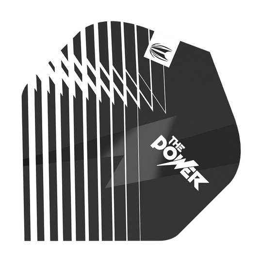 Das Bild zeigt die Target ProUltra Phil Taylor Black No2 Standard Flights. Die Flights sind schwarz mit weißen Akzenten und dem Schriftzug "The Power".