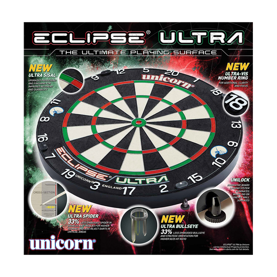 Unicorn Eclipse Ultra steel dartboard Das Bild zeigt das Produkt "Unicorn Eclipse Ultra Steeldartboard" in seiner Verpackung. Es hebt neue Features wie Ultra Sisal, Ultra Spider und Ultra Bullseye hervor.