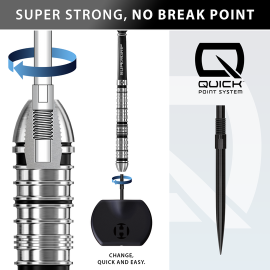 Gezeigt werden die Harrows Supergrip QP Tapered Quick Point Steeldarts. Sie sind besonders für ambitionierte Spieler geeignet.