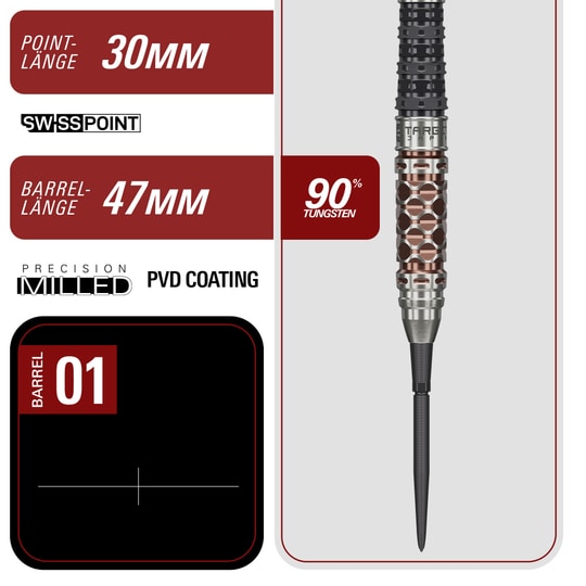Target Japan Charis GEN6 Swiss Point Steel Darts - 23g Hier sieht man die Target Japan Charis GEN6 Swiss Point Steeldarts mit 23g Gewicht. Das Produkt besticht durch sein modernes und funktionales Design.