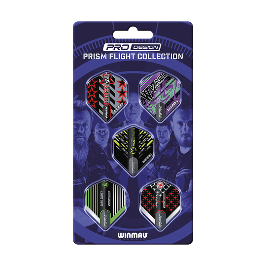 8140_Winmau_Players_Pro_Design_Prism_Flight_Collection_1 Das Bild zeigt die "Winmau Players Pro Design Prism Flights Collection". Auf der Verpackung sind fünf verschiedenfarbige Dart-Flights in einem ansprechenden Design zu sehen.