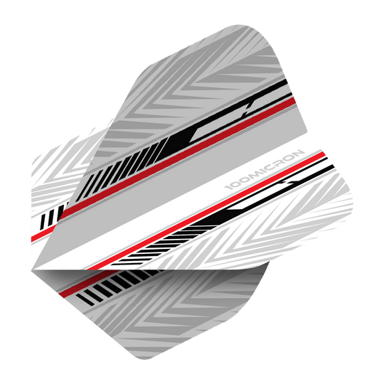 Pentathlon Flights white/black/red Das Bild zeigt ein Dart-Flight mit dem Namen "Pentathlon White Black Red No2 Standard Flights". Es ist überwiegend weiß und grau mit schwarzen und roten Akzenten und geometrischem Muster gestaltet.
