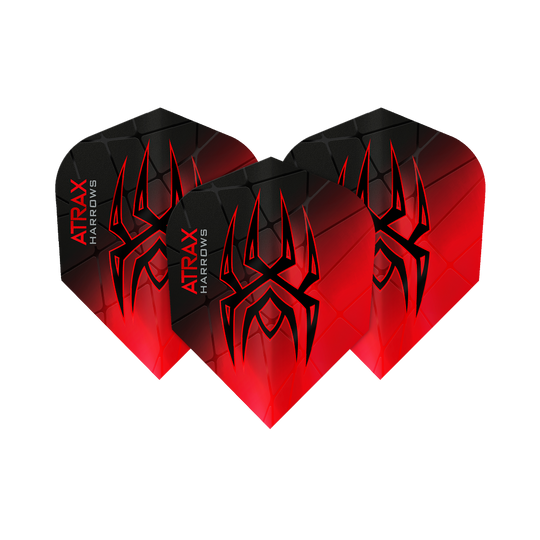 Harrow's Atrax Prime No6 Flights Das Bild zeigt drei Harrows Atrax Prime No6 Flights in Schwarz und Rot mit einem markanten Spinnennetz-Design. Auf jedem Flight steht der Name "Atrax Harrows" an der Seite.