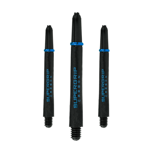 HR365_Harrows_Supergrip_Carbon_Shafts_Aqua_47mm_1h3v7kLjrtvigE Das Bild zeigt drei Harrows Supergrip Carbon Shafts in der Farbe Aqua. Die Dartschäfte sind schwarz mit blauen Akzenten und der Aufschrift "SUPERGRIP CARBON".
