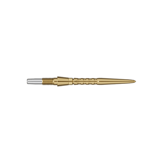 Target Swiss Point Storm Surge steel dart tips - gold Auf dem Bild ist eine goldfarbene Steeldartspitze zu sehen. Sie hat eine schlanke, spitz zulaufende Form mit einem silbernen Ende.