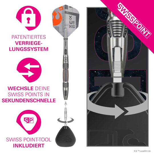 Target Star Wars X-Wing Swiss Point Steeldarts sind abgebildet. Das Produkt ist inspiriert von Star Wars und in einem speziellen Design gestaltet.