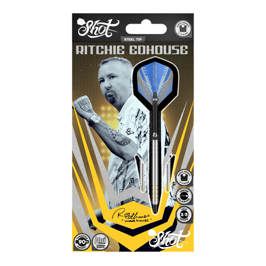 Das Bild zeigt die Shot Ritchie Edhouse Core Steeldarts aus einer anderen Perspektive. Die Darts sind präzise verarbeitet und ideal für Profis.