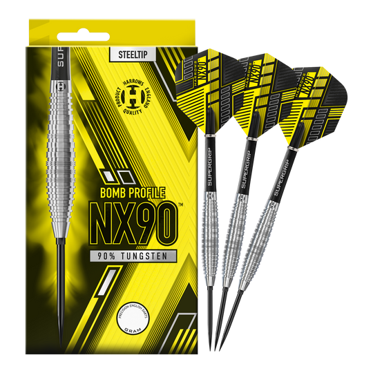 Gezeigt werden die Harrows NX90 Bomb Quick Point Steeldarts. Diese Darts bieten ein präzises Wurfverhalten für den Spieler.