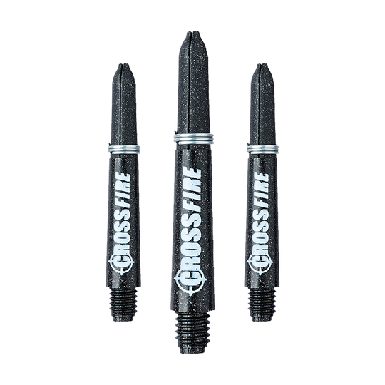 Das Bild zeigt drei schwarze RedDragon Crossfire Carbon Fibre Shafts für Dartpfeile. Auf jedem Schaft steht in weißer Schrift das Wort "CROSSFIRE".