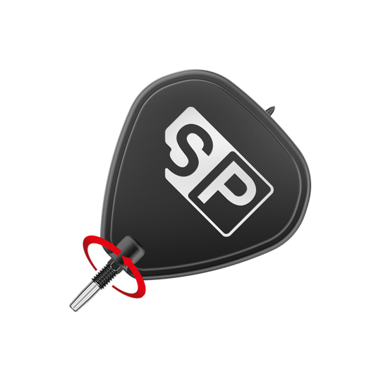 Target Swiss Point SLK dart tips - Black Das Bild zeigt die schwarzen Target Swiss Point SLK Dartspitzen. Im Vordergrund ist die Dartspitze mit einem schwarzen Flight zu sehen, auf dem die Buchstaben "SP" stehen.