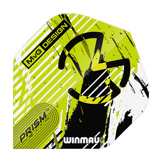 Winmau Delta Michael Van Gerwen Prism 03 Standard Flights Das Bild zeigt ein Winmau Delta Michael Van Gerwen Prism 03 Standard Flight. Das Design ist in Gelb, Schwarz und Weiß gehalten und trägt die Aufschrift „MvG Design“ sowie „Prism Delta“.