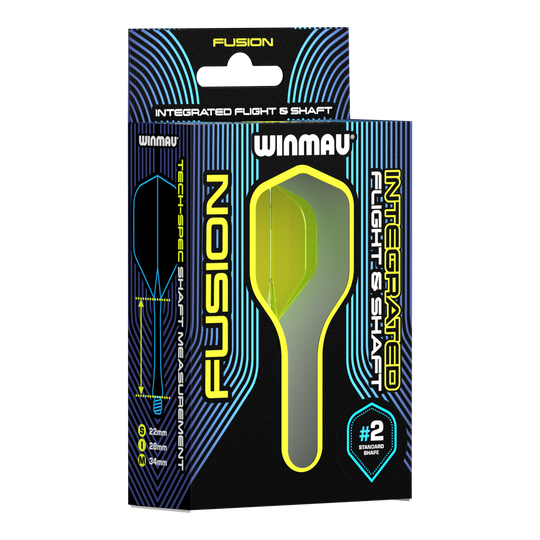 Winmau Fusion Flight Shaft System Standard Yellow Auf dem Bild ist eine Verpackung des Winmau Fusion Integrated Flight & Shaft Systems zu sehen. Die abgebildeten Flights und Shafts sind in Gelb und haben eine Länge von 22 mm.