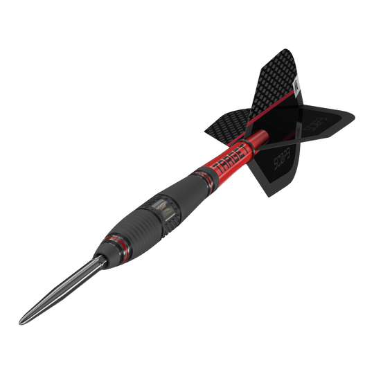 Target Scope 03 Swiss Point steel darts Das Bild zeigt einen Target Scope 03 Swiss Point Steeldart mit schwarzem und rotem Design. Der Dartpfeil hat eine stabile Stahlspitze und aerodynamische Flügel.