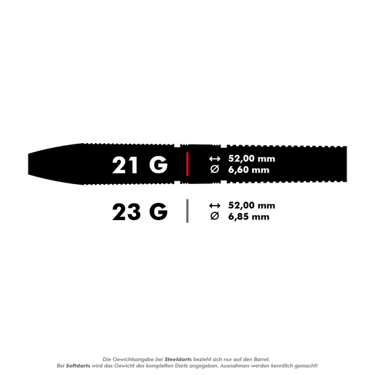 Das Bild zeigt einen Steeldart mit dem Gewicht von 21 Gramm. Die Länge beträgt 52,00 mm und der Durchmesser 6,60 mm.