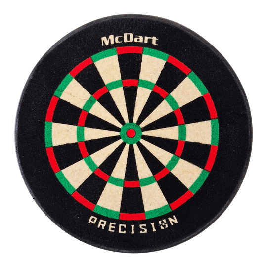 McDart Precision Mini Dartboard Dart Holder Das Bild zeigt eine kleine, runde Dartscheibe mit der Aufschrift „McDart“ und „PRECISION“. Die Scheibe hat die klassischen Farben Weiß, Schwarz, Rot und Grün.