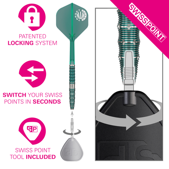 Abgebildet sind Target Japan Mikuru Suzuki The Miracle GEN7 Swiss Point Steeldarts - 23g. Die Darts sind für professionelle Spieler geeignet.