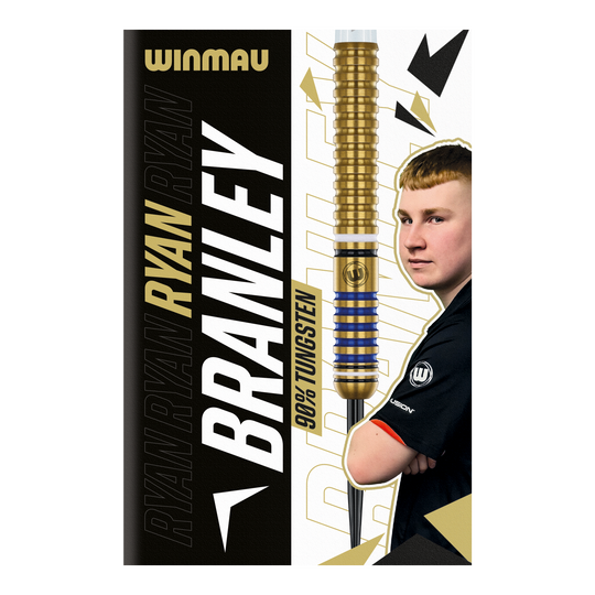 Winmau Ryan Branley Steel Darts - 23g Die Abbildung zeigt die Verpackung der "Winmau Ryan Branley Steeldarts - 23g". Auf der Verpackung sind ein Dartpfeil, ein Foto einer Person und der Schriftzug "90% Tungsten" zu sehen.