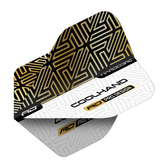 Red Dragon Hardcore Luke Humphries Gold White Premium Standard Flights Das Bild zeigt ein Dartflight mit einem gold-schwarzen und weißen geometrischen Muster. Auf dem Flight stehen die Wörter "COOLHAND", "RD PRO DESIGN" und "HARDCORE".