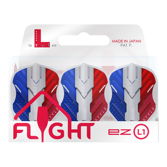 Das Bild zeigt eine Packung L-Style V-Series V1 Type B France Clear White L1EZ Flights. Die Flights sind in den Farben Blau, Weiß und Rot gestaltet und werden in Japan hergestellt.