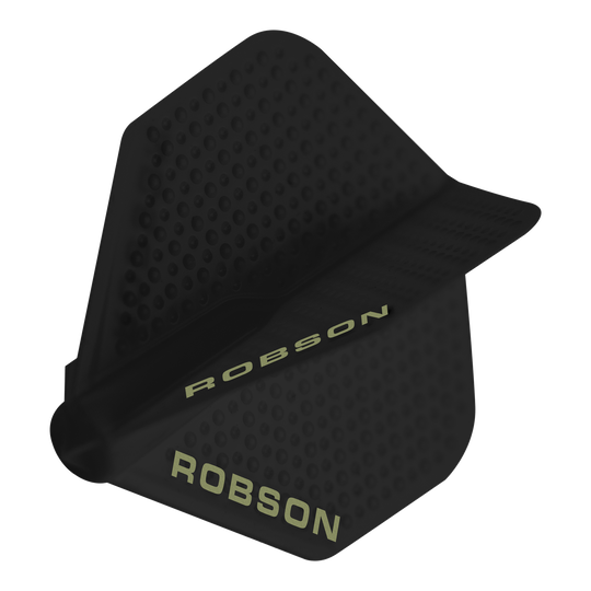 Robson Plus Dimple Flights - Black Dies ist ein schwarzer Dartflight mit einer Dimple-Oberfläche. Auf dem Flight steht der Schriftzug „ROBSON“ in heller Farbe.