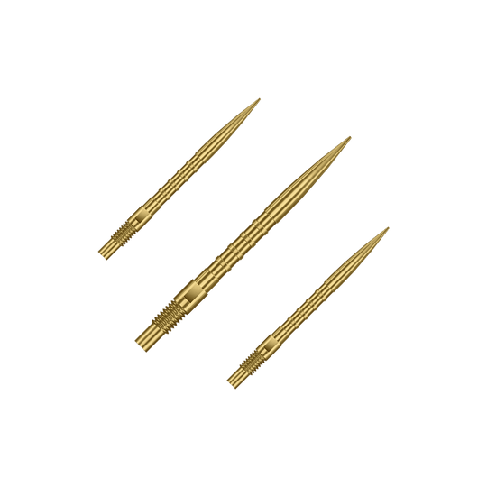 Abgebildet sind goldene Dartspitzen mit 26mm Länge, dargestellt als ein Set. Es handelt sich um Harrows Quick Point Heavy Metal Grip Dartspitzen Gold 26mm im Set.