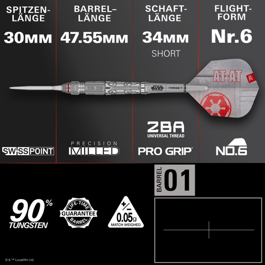 Target Star Wars AT-AT Swiss Point steel darts Das Bild zeigt die Target Star Wars AT-AT Swiss Point Steeldarts. Es handelt sich um hochwertige Steeldarts im Stil des Star Wars AT-AT.