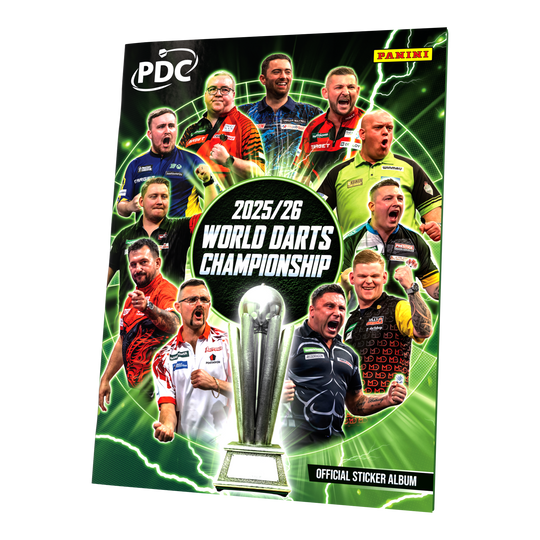 Gezeigt wird das Panini PDC World Darts Championship 2025/26 Sammelalbum im Softcover-Format. Das Album eignet sich zum Einheften der offiziellen Sticker der Kollektion.