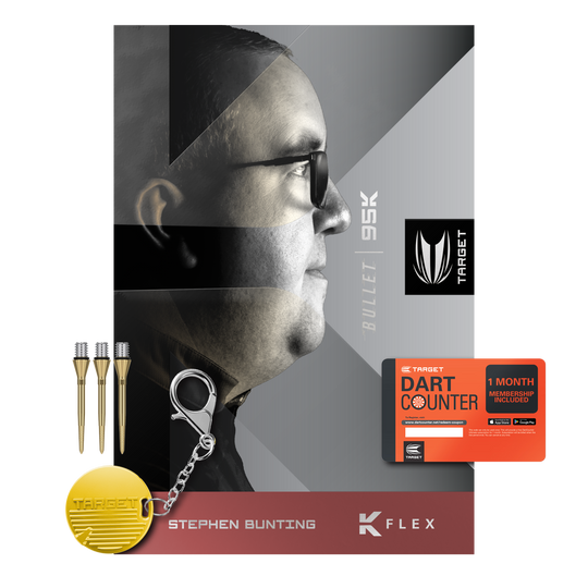 Das Bild zeigt das Produkt "Target Stephen Bunting 95K Softdarts - 19g" mit Zubehör wie Dartspitzen, Schlüsselanhänger und einer Dart Counter Karte. Im Hintergrund ist ein Porträt von Stephen Bunting zu sehen.