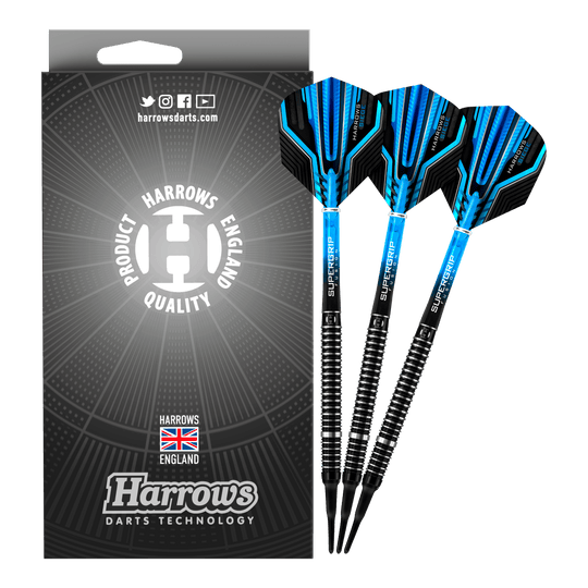 Harrows Siege Softdarts Das Bild zeigt eine Packung Harrows Siege Softdarts mit drei blauen und schwarzen Darts. Auf der Verpackung steht "Harrows Darts Technology" und ein Qualitätssiegel aus England.