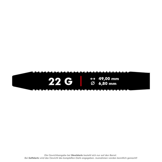 Dieses Bild zeigt die technischen Daten eines Steeldarts mit 22 Gramm Gewicht. Die Länge beträgt 49,00 mm und der Durchmesser 6,80 mm.