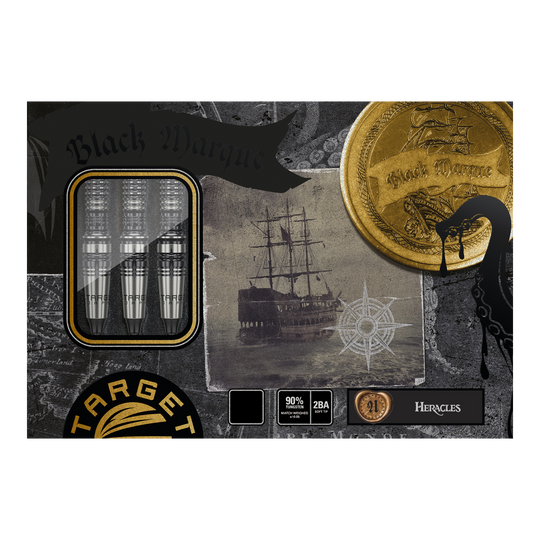 Das Bild zeigt die Verpackung der Target Japan Black Marque Heracles Softdarts - 18g. Auf der Verpackung sind drei Darts, ein altes Schiff, eine goldene Münze und maritime Motive abgebildet.