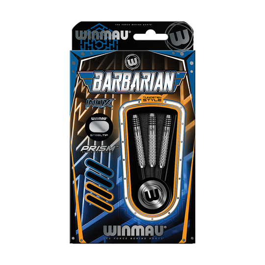 2302_Winmau_Barbarian_Tungsten_Style_Steeldarts_3 Auf dem Bild ist eine Verpackung der "Winmau Barbarian Tungsten Style Steeldarts" zu sehen. In der Packung befinden sich drei silberfarbene Stahldarts.