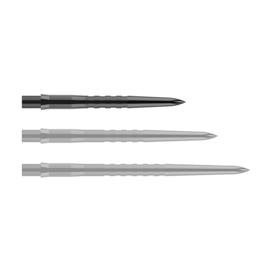 Mission Caliburn EVO Dart Tips - Grooved - Black Auf dem Bild sind drei schwarze, gerillte Steeldartspitzen zu sehen. Sie liegen parallel nebeneinander auf einem transparenten Hintergrund.