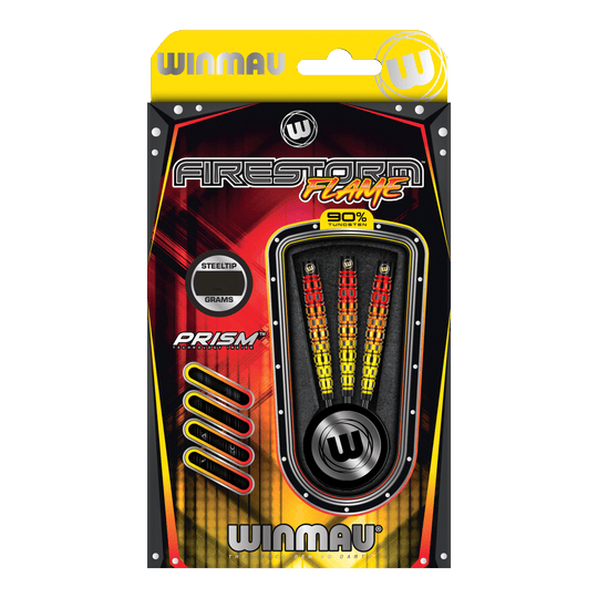 Winmau Firestorm Flame Tapered Steeldarts Das Bild zeigt die Verpackung der "Winmau Firestorm Flame Tapered Steeldarts". In der Verpackung sind drei bunte Stahlspitzendarts mit einem auffälligen Flammen-Design zu sehen.