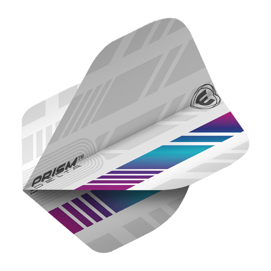 Das Bild zeigt ein Winmau Prism Delta 6915.213 Standard Flight für Darts. Das Flight hat ein modernes Design mit grauen, lila und blauen Mustern.