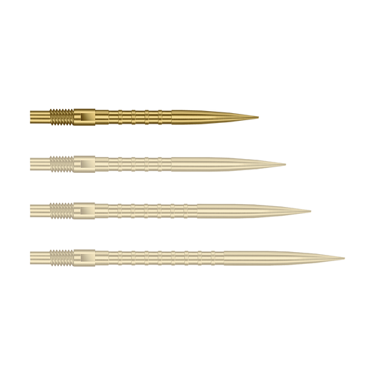 Das Bild zeigt Dartspitzen mit starkem Metallgriff in goldener Farbe und 26mm Länge. Das Produkt ist Harrows Quick Point Heavy Metal Grip Dartspitzen Gold 26mm.