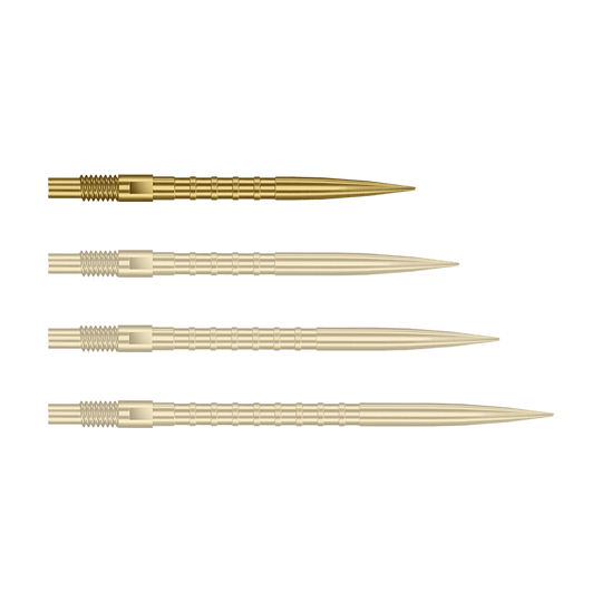 Harrows Quick Point Heavy Metal Dart Tips - Gold Das Bild zeigt Dartspitzen mit starkem Metallgriff in goldener Farbe und 26mm Länge. Das Produkt ist Harrows Quick Point Heavy Metal Grip Dartspitzen Gold 26mm.