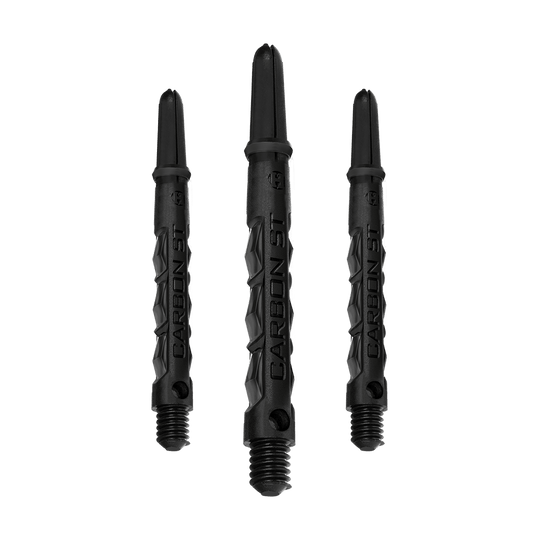 HR436_Harrows_Carbon_ST_Shafts_Schwarz_47mm_1 Das Bild zeigt drei schwarze Harrows Carbon ST Shafts. Sie sind Dartschäfte mit einem modernen, robusten Design.
