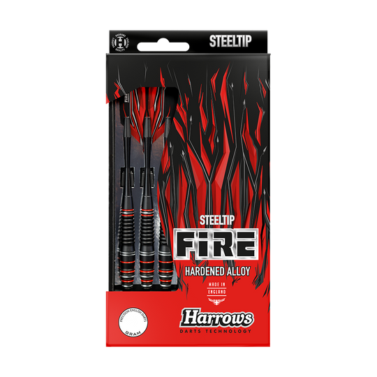 Die Abbildung zeigt eine Verpackung der "Harrows Fire High Grade Alloy Steeldarts". Das Design ist in Schwarz und Rot gehalten und hebt die hochwertigen Stahldarts hervor.