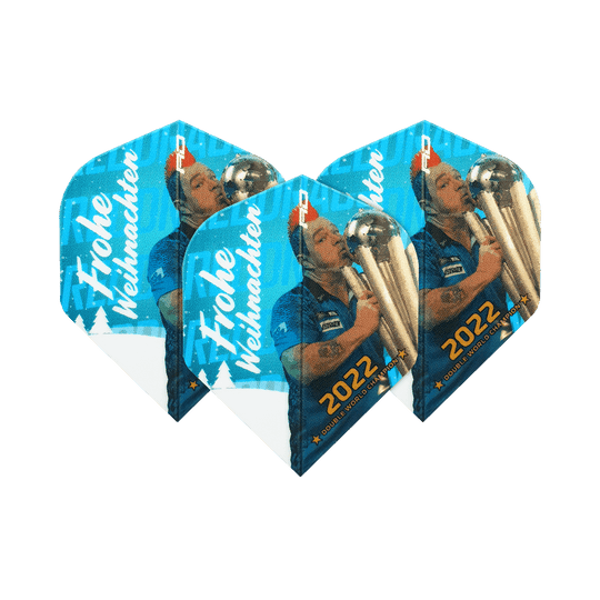 Das Bild zeigt vier Dart-Flights mit einem Weihnachtsmotiv und der Aufschrift "Frohe Weihnachten". Auf den Flights ist außerdem ein Dartspieler mit einer Trophäe und der Jahreszahl 2022 abgebildet.