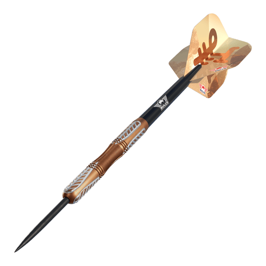 Bulls NL Bronzo True Steeldarts mit 23 Gramm Gewicht sind abgebildet. Das Bild zeigt Steeldarts mit typischem bronzefarbenem Design.