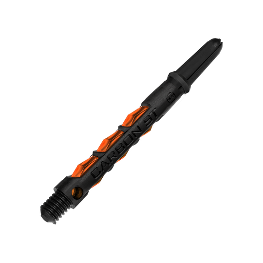 HR430_Harrows_Carbon_ST_Shafts_Orange_47mm_2 Auf dem Bild ist ein Harrows Carbon ST Shaft in Orange zu sehen. Der Schaft ist schwarz mit auffälligen orangefarbenen Akzenten gestaltet.